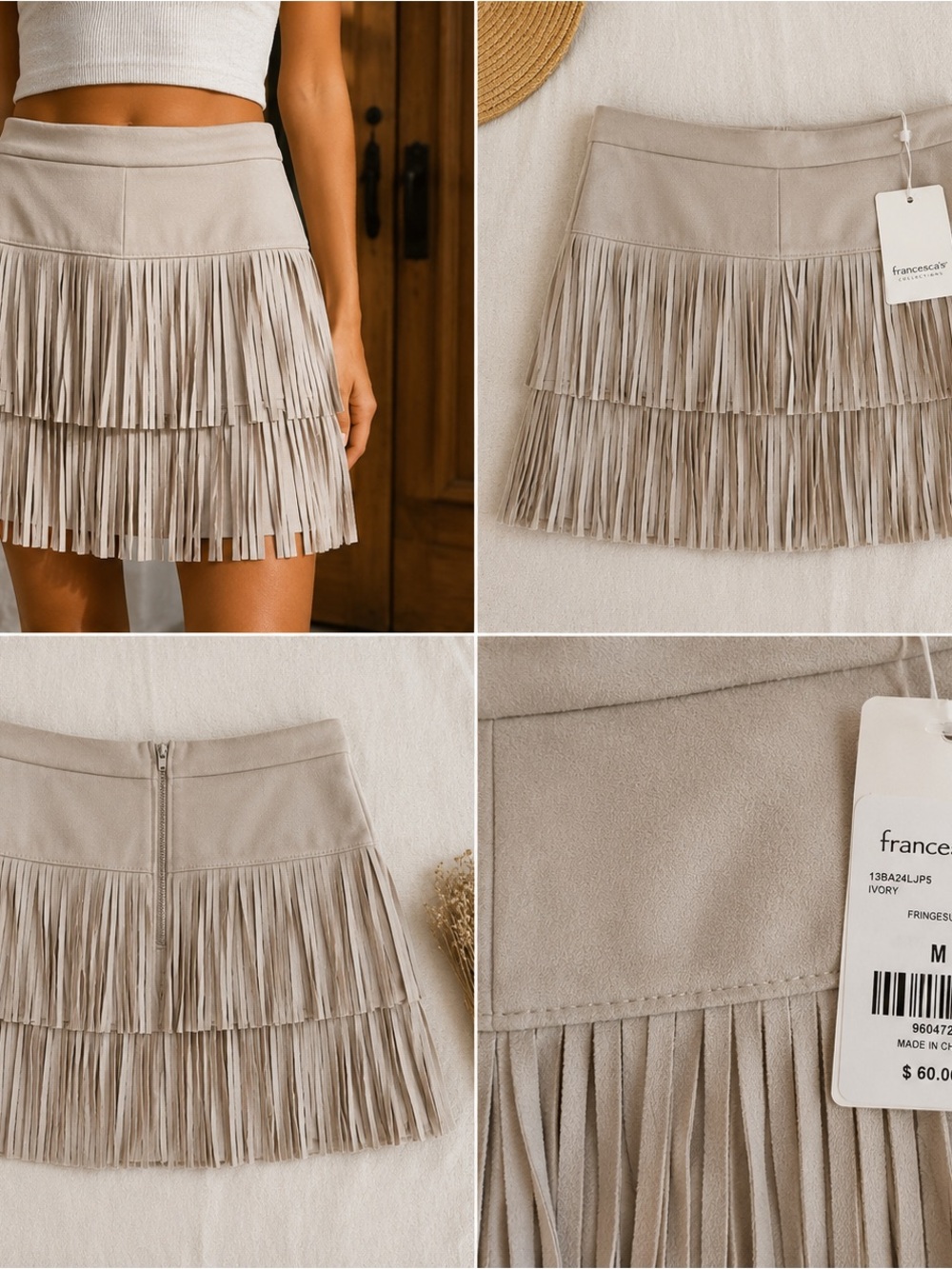 Francesca's Collections Ivory Tiered Fringe Mini Skirt - Suede Look